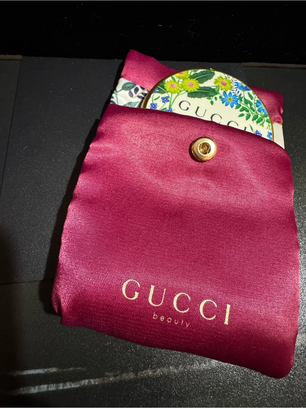 GUCCI Floral Compact Mirror & Silk Scrunchie Set - Pink, Purple, Teal GWP
